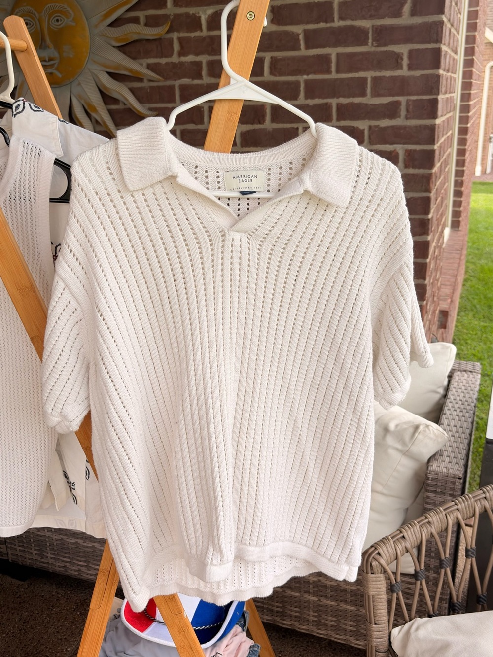 American Eagle Outfitters White Short-Sleeve V-Neck Polo Knit Sweater